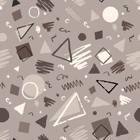 Monochrome vintage seamless geometric pattern with triangles, circles, squares and doodles.のイラスト素材