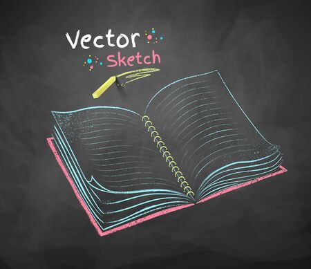 Color chalk drawing of open school notebook on black chalkboard background.のイラスト素材