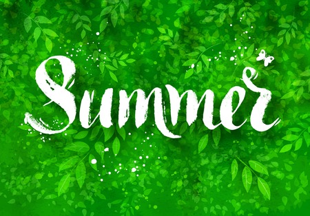 Summer word brush lettering on background with foliage, bushes and tree brunches watercolor texture.のイラスト素材