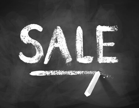 Sale word chalk drawn lettering on black chalkboard background with peace of chalk.のイラスト素材