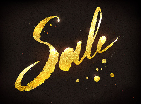 Hand drawn vector lettering of Sale word in gold and black colors with glitter sparkle dots.のイラスト素材
