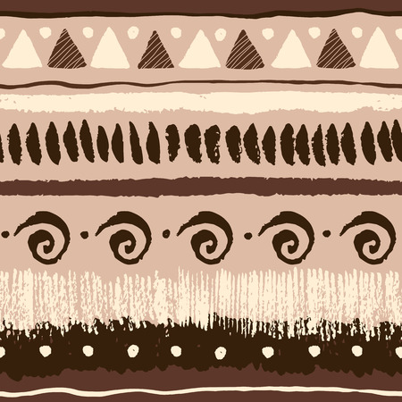 Seamless ethnic pattern with grunge hand drawn elements, triangles, spirals, dots and stripes.のイラスト素材