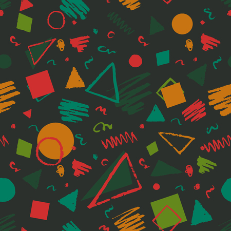 Dark green seamless geometric 1980s styled pattern with triangles, circles, squares and doodles.のイラスト素材