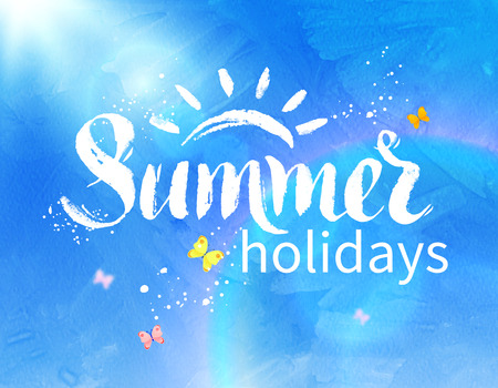 Summer holidays hand drawn grunge lettering on sunlight rays and blue sky background.のイラスト素材