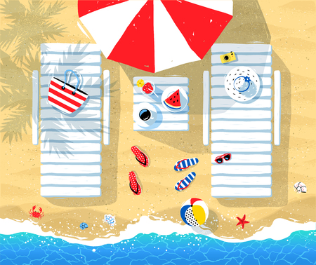 Summer vector illustration of sun beds, parasol and seaside accessories on beach sand background with sea surf.のイラスト素材