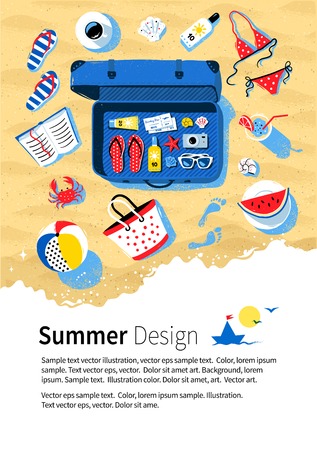 Summer seaside vacation design with blue open travel suitcase and accessories on beach sand background.のイラスト素材