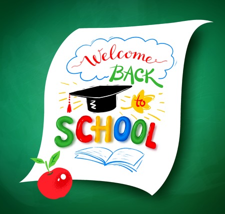 Welcome Back to School lettering with graduation hat and plasticine letters on green chalkboard background.のイラスト素材
