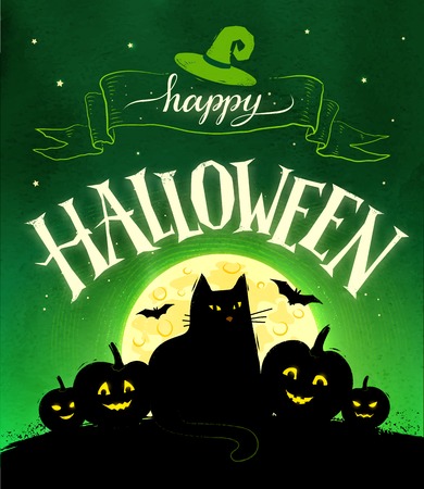 Happy Halloween postcard with moon, black cat and pumpkins on green background.のイラスト素材