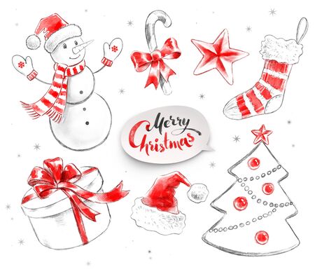 Hand drawn pencil and watercolor illustrations collection of Christmas objects.の写真素材