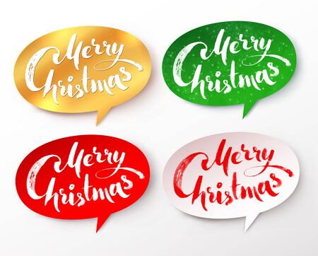 Vector collection of paper speech bubble banners with Merry Christmas hand written lettering.のイラスト素材
