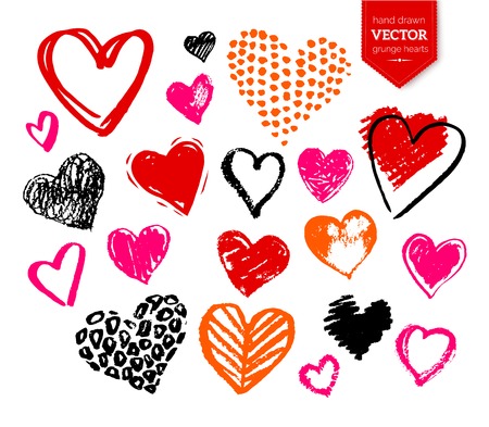 Vector hand drawn collection of grunge Valentine hearts on white background.の写真素材