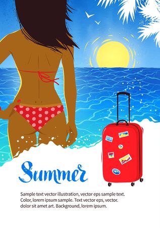 Summer design with young woman near sea surfのイラスト素材