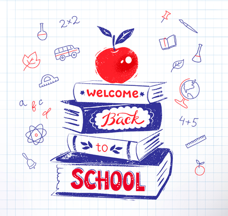 Apple on books with Back to School letteringのイラスト素材