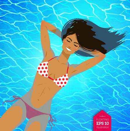 Young woman floating on blue water surface.のイラスト素材