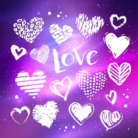 Vector collection of hand drawn white grunge doodle hearts on ultraviolet outer space background.のイラスト素材