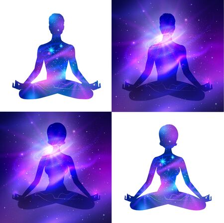 Vector set of illustrations with double exposure male and female silhouettes meditating on ultraviolet outer space background.のイラスト素材