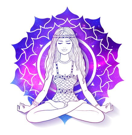 Woman meditating on Sahasrara chakra backgroundのイラスト素材