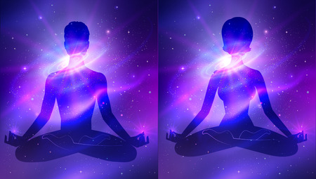 Male and female silhouettes on outer space backgroundのイラスト素材