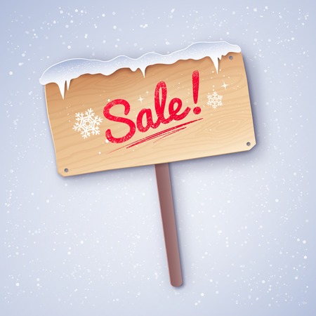 Vector paper cut style illustration of Sale wooden signboard on snowfall winter background.のイラスト素材
