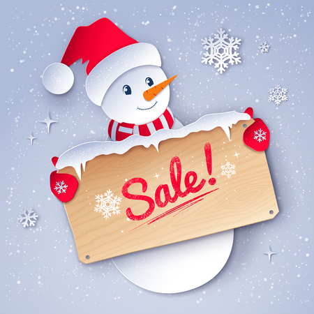 Vector paper cut style illustration of cute Snowman character with sale wooden signboard on snowfall background.のイラスト素材
