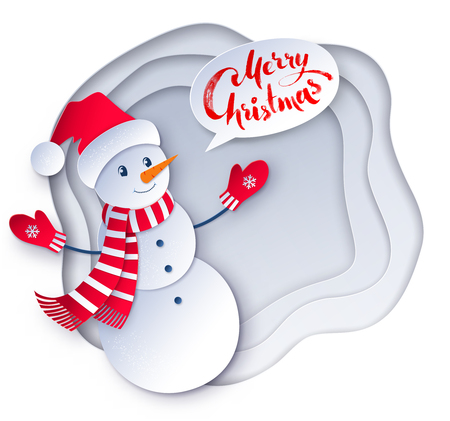 Vector cut paper art style illustration of Snowman wearing santa hat and scarf and Merry Christmas lettering banner.のイラスト素材