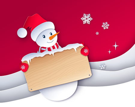 Vector paper cut style illustration of cute Snowman character with wooden signboard on layered shapes snowdrifts background.のイラスト素材