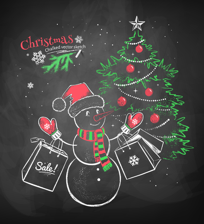 Snowman character with shopping bagsのイラスト素材