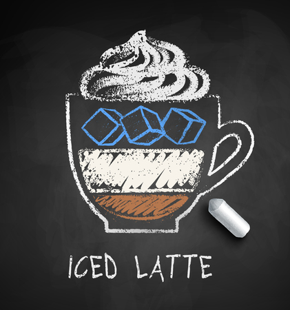 Vector sketch of Iced Latte coffee on chalkboard background with piece of chalk.のイラスト素材