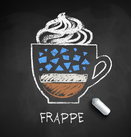 Vector sketch of Frappe coffee on chalkboard background with piece of chalk.のイラスト素材