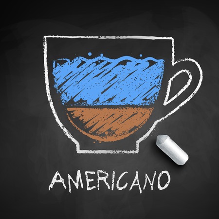 Vector sketch of Americano coffee on chalkboard background with piece of chalk.のイラスト素材