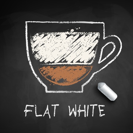 Vector chalk drawn sketch of Flat White coffee with piece of chak on chalkboard background.のイラスト素材