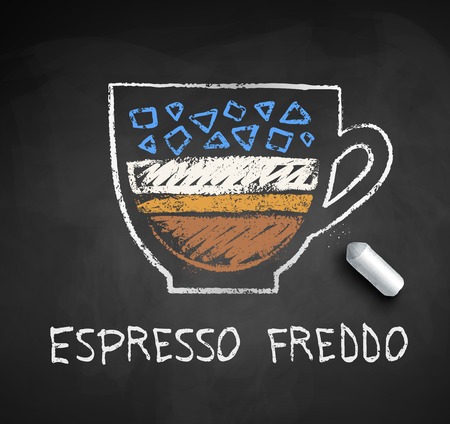 Vector sketch of Espresso Freddo coffee on chalkboard background with piece of chalk.のイラスト素材