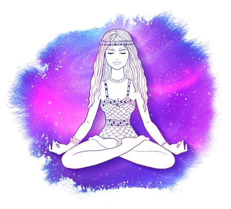 Vector illustration of young woman sitting at pose of lotus and meditating on violet abstract vector grunge watercolor background with glowing outer space.のイラスト素材