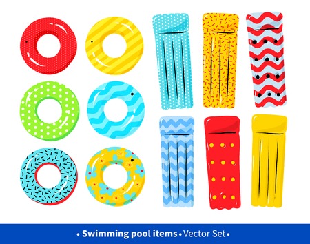 Top view vector collection of pool rafts and rubber rings on white background.のイラスト素材
