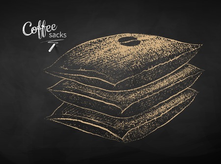 Vector chalk drawn sketch of stack of closed sacks with coffee beans on chalkboard background.のイラスト素材