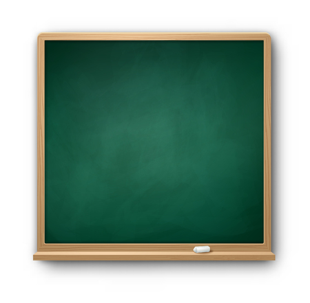Vector illustration of dark green square chalkboard with wooden frame with piece of chalk and shadow isolated on white background.のイラスト素材