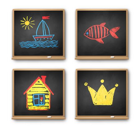 Vintage chalkboards with kids drawingのイラスト素材