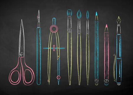 Chalk drawn collection of drawing toolsのイラスト素材