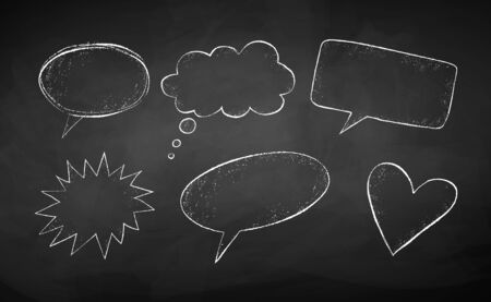 Vector set of line art grunge chalk drawn speech bubbles isolated on school board background.のイラスト素材