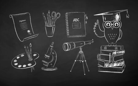 Vector black and white chalk drawn illustration set of education symbol objects on chalkboard background.のイラスト素材