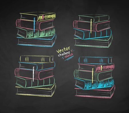 Chalk drawn illustration set of piles of booksのイラスト素材