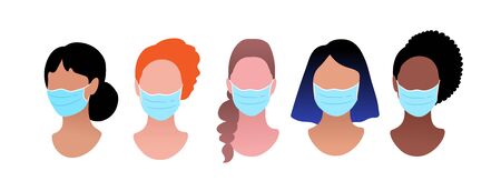 Female portraits wearing medical maskのイラスト素材
