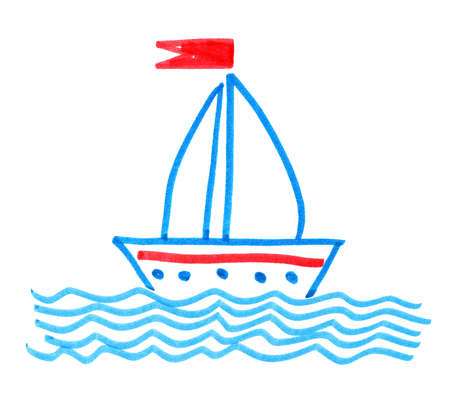 Felt pen childlike drawing of ship and seaの写真素材