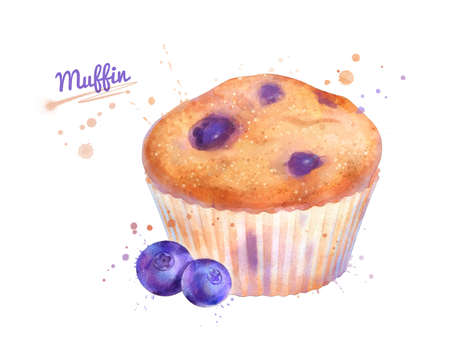 Watercolor illustration of Blueberry Muffinの写真素材