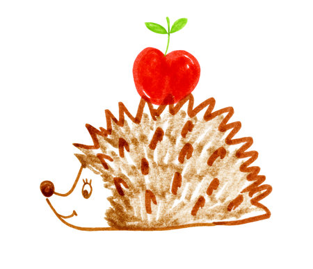 Felt pen childlike drawing of hedgehog with appleのイラスト素材