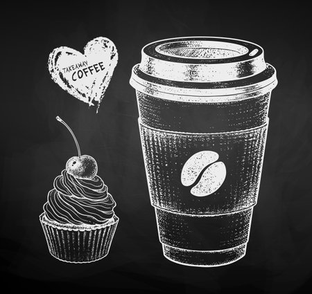 Chalk sketh vector illustration of paper coffee cup and cupcakeのイラスト素材