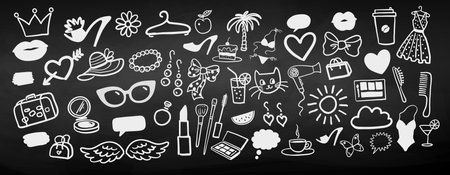 Beauty and fashion doodles on chalkboard backgroundのイラスト素材
