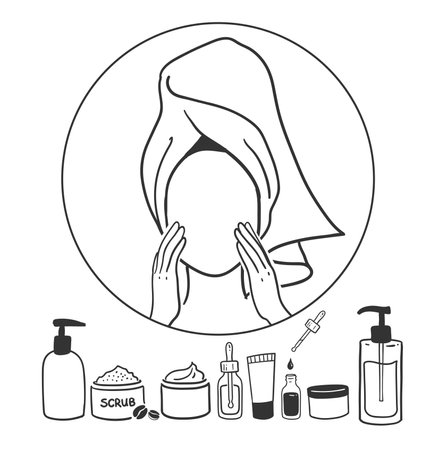 Woman with hair towel line art illustrationのイラスト素材