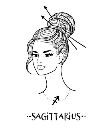 Sagittarius zodiac sign line art female portraitのイラスト素材
