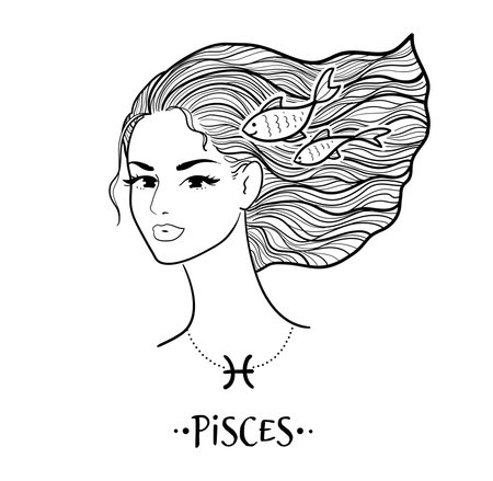 Pisces zodiac sign line art female face portraitのイラスト素材